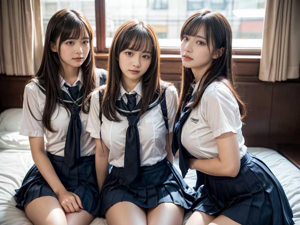 (RAW photo, 4k, masterpiece, high resolution, extremely complex) (realistic: 1.4), cinematic lighting
 ((2 girls, 2 schoolgirls)),Slam Dunk's,blushing,((innocent)),(Dark makeup),bright eyes,round eyes,blunt bangs,(straight hair:1.3),black hair,large breasts,wide hips,Summer Noon, 20 year old girl、cute type、lolita,Hot, (Best Quality), (Highres), (an Extremely Delicate and Beautiful),(Beautiful 8k face),(Brown eyes),short bob hair,( spectators),(gigantic breasts),(Play with each other,Touching each other's bodies,Touching the body),(Japanese high school uniform:1.3),blue skirt,(reality),bright lighting,(The background is a luxury hotel room)