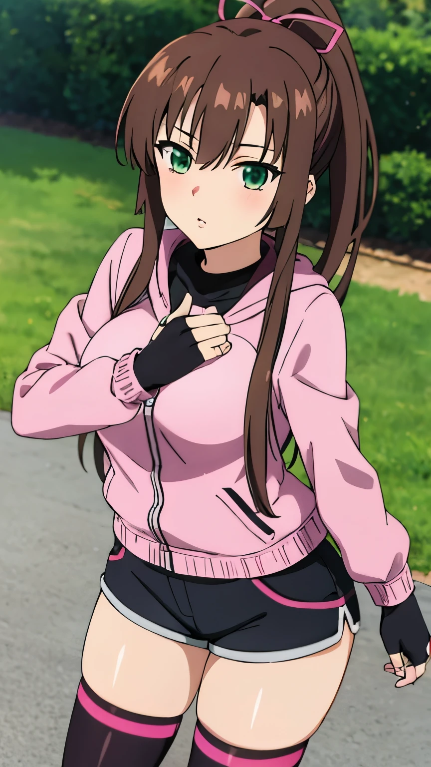 masterpiece, best quality, 8k, anime art style, Kirasaka Sayaka, Dark brown hair, ponytail, hair ribbon, (pink jacket, black gloves, black shorts, fingerless gloves, pink legwear, jacket, long sleeves, pink jacket, short shorts), dynamic angle, looking at the viewer, green eyes, light in the eyes, (big breasts: 0.8), cowboy shot