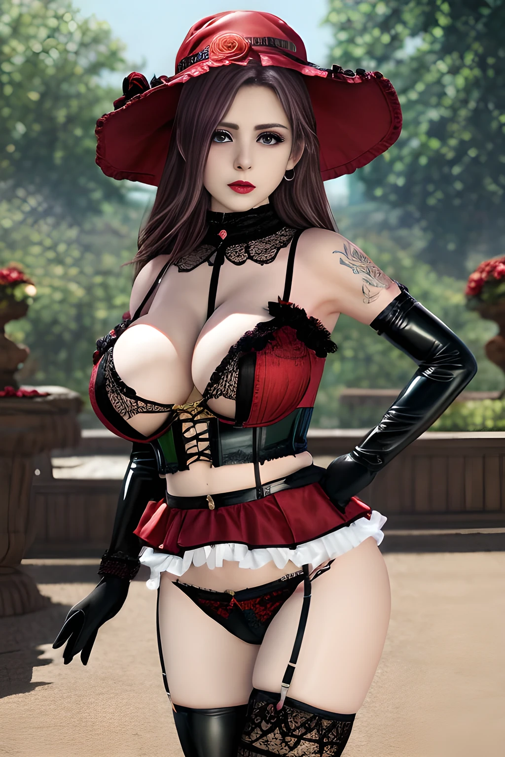1 girl,BREAK (Royal:1.4), (red and black theme:1.5), ((red) bucket hat with rose corsage:1.4), (fusion of black high neck crop top and latex (red bustier):1.4), ((floral lace, see-through):1.3), ((sleeveless, bare shoulders):1.3), (red tiered skirt with black ruffles:1.4), ((ultra long gloves) with floral lace:1.3), (wrap a (cat garter) around thighs:1.4), outdoor,elegant,nighttime,moonlighe,shiny skin,( huge breasts), lip gloss,tattoos, masterpiece, best quality, realistic ,Surrealism,natural colors art in 8k,soft shadows,High-definition RAW color photos professional portrait photos,solo, elise,