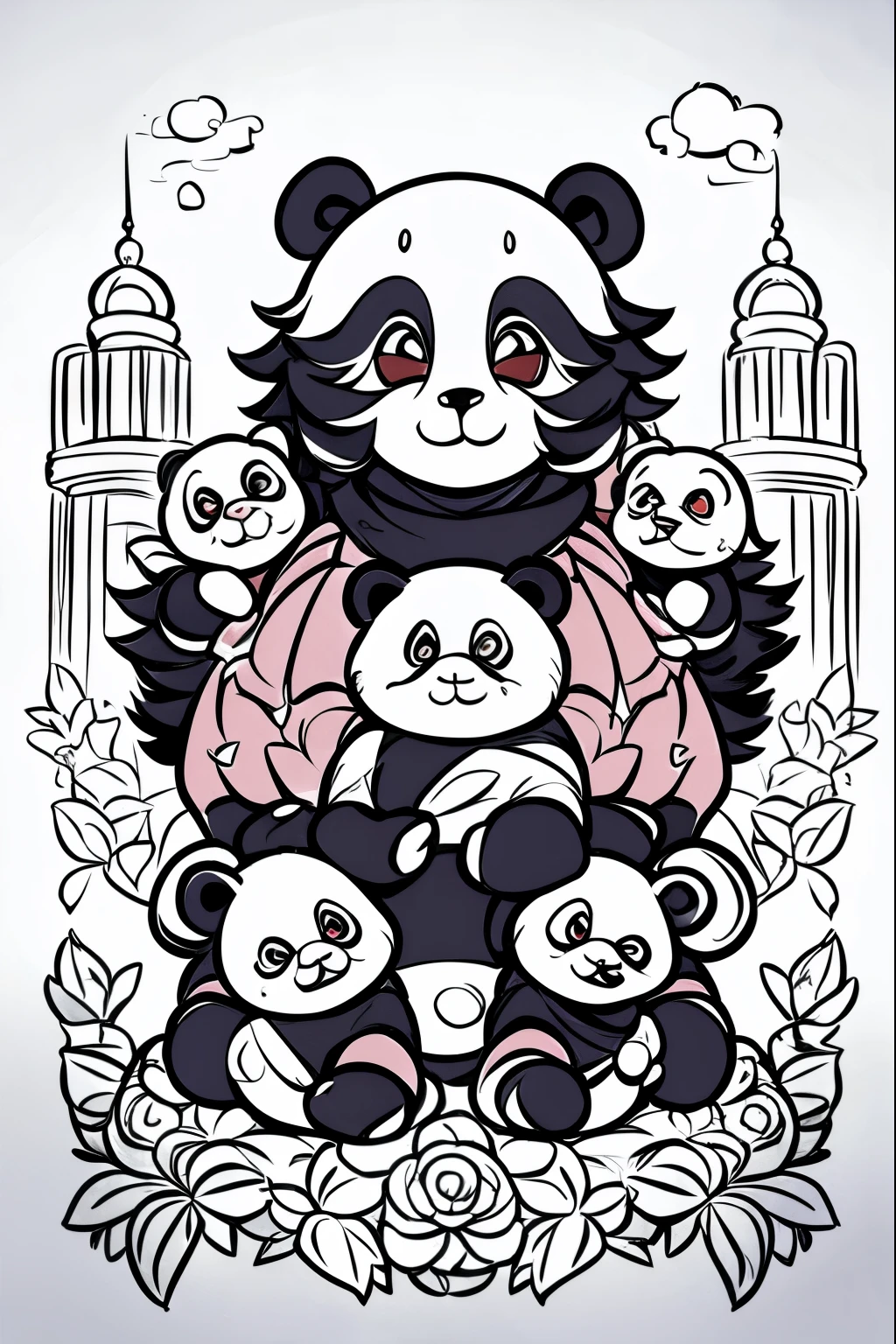 score_9, score_8_up, score_7_up, score_6_up, score_5_up, score_4_up, show accurate, Panda family sightseeing Baldur's Gate 3, masterpiece, coloring-book, Multiple pandas, masterpiece, highly detailed
