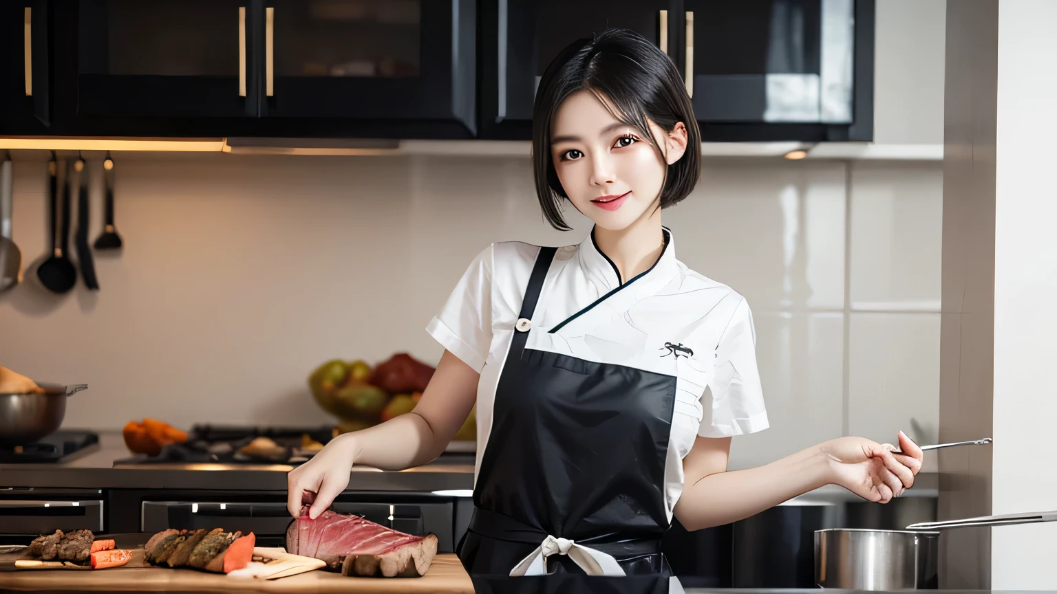 Beautiful Chinese woman with short straight hair wearing white chef apron,Holding freshly grilled steak in hands in dark kitchen