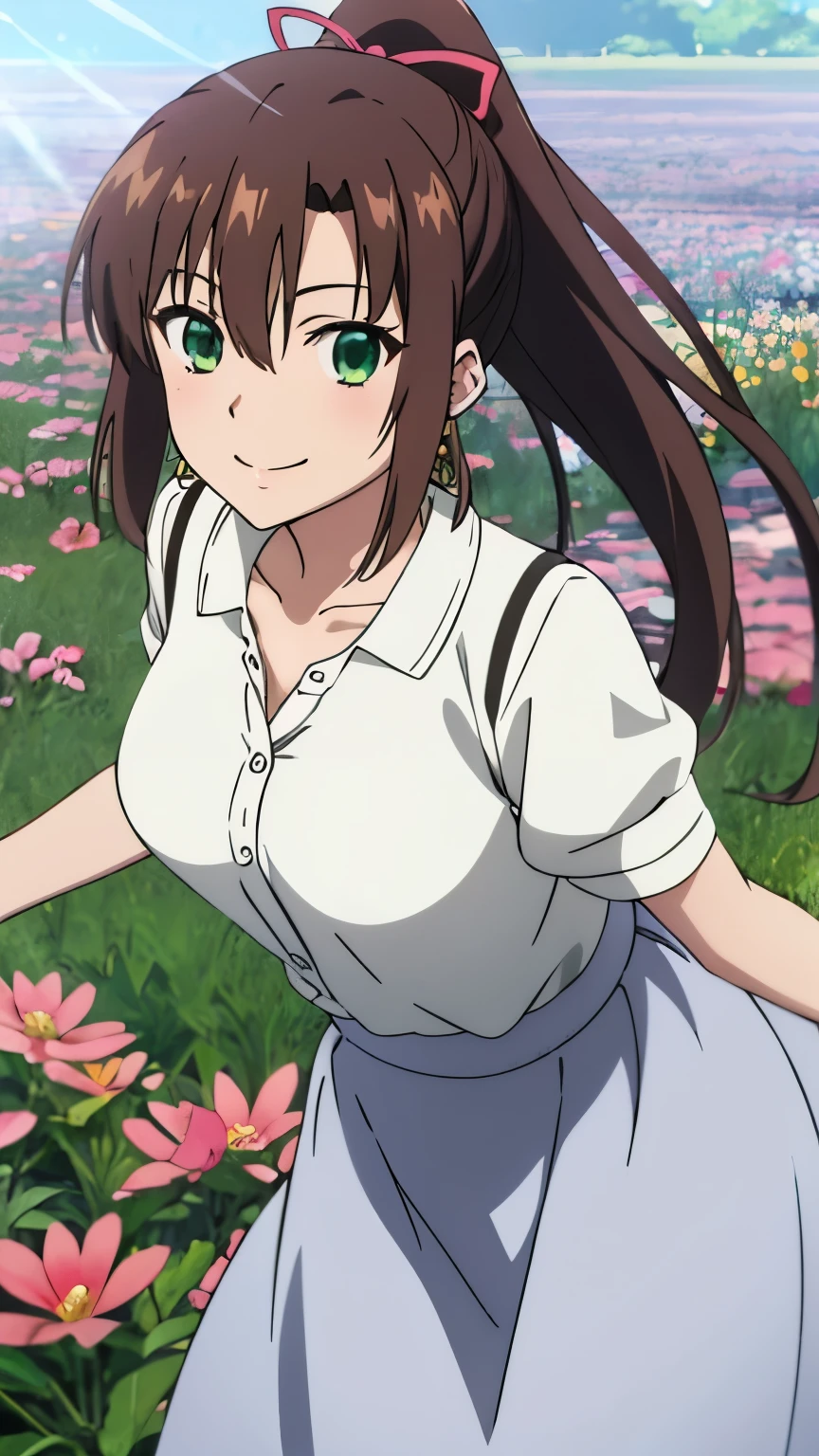 masterpiece, best quality, 8k, anime art style, Kirasaka Sayaka, Dark brown hair, ponytail, hair ribbon, (Innerwear, long skirt, earrings, flower field, smile), dynamic angle, looking at the viewer, green eyes, light in the eyes, (big breasts: 0.8), cowboy shot