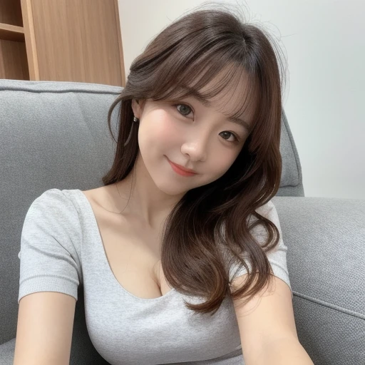 girl taking a selfie、Tabletop, highest quality, Realistic, In detail, Textured skin、realism、High resolution, 8k wallpaper, Perfect dynamic composition, Beautiful big eyes:1.2,Droopy eyes、Small Nose、 Long Hair, Loose wavy hair、Brown Hair、Big ample breasts, Random sexy poses,Chest to chest、(Light grey short sleeve dress)、(Breast swelling 1.2)、smile、shut up.、Sit on the sofa、22 years old、(Droopy eyes 1.4)、Baby Face、Japanese、pretty girl