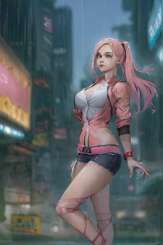 (1 Girl:1.3), (best quality, masterpiece, Ultra-high resolution),(Reality:1.3), (Practical:1.3), Depth of Field,(Full Body Love:1.2), (outdoor:1.2), (sky:1.2), (movie lighting:1.2), (Dim Lights:1.2), (在秋sky, Cyberpunk, City, Kowloon, rain),(Shut up), (A faint smile:1.2), (expressive hair:1.2), (Flowing hair:1.2), (Pink compression shirt:1.3), (button-up:1.2), (Skinny jeans:1.2),plump, Full of vitality and strength, (Only one girl:1.2),(permanent:1.2), (slim), (slim legs), (Long legs:1.3), (View Viewer, facing the observer:1.2), (Perspective:1.3), (SFV:1.4), (Insert the bag with one hand:1.2), (straight on:1.2), (Large Breasts:1.2),