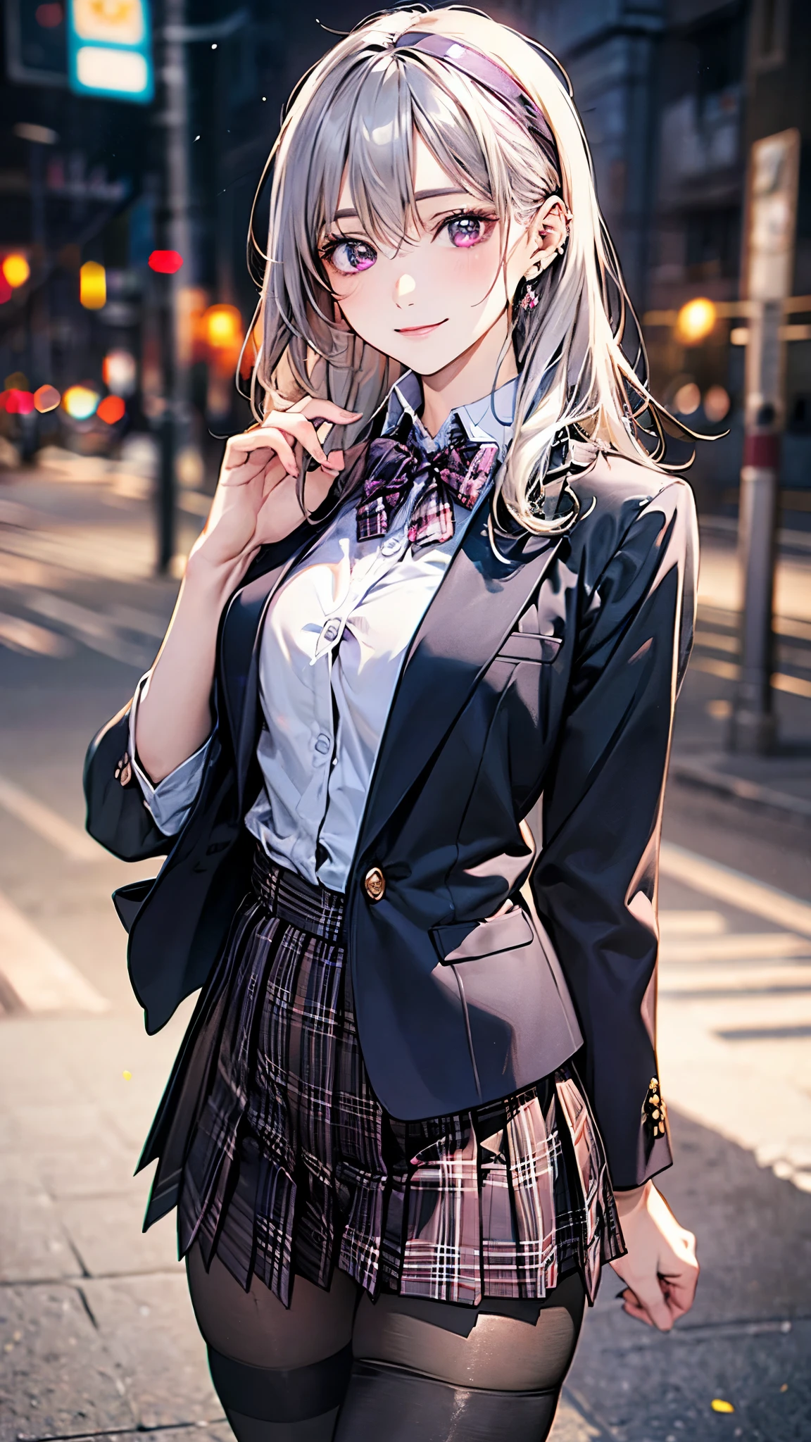 (masterpiece:1.2, top-quality), (realistic, photorealistic:1.4), beautiful illustration, (natural side lighting, movie lighting),
looking at viewer, 1 girl, japanese, high school girl, perfect face, cute and symmetrical face, shiny skin, face,
(middle hair, straight hair, dark pink head band, silver hair), hair between eyes, dark purple eyes, (middle breasts, seductive thighs, big ass), piercings,
beautiful hair, beautiful face, beautiful detailed eyes, beautiful clavicle, beautiful body, beautiful chest, beautiful thigh, beautiful legs, beautiful fingers,
(((dark purple blazer, close clothes), white collared shirt, black plaid pleated miniskirt, dark red flat bow tie), black pantyhose),
(beautiful scenery), evening, (school gate), walking, (lovely smile, upper eyes),