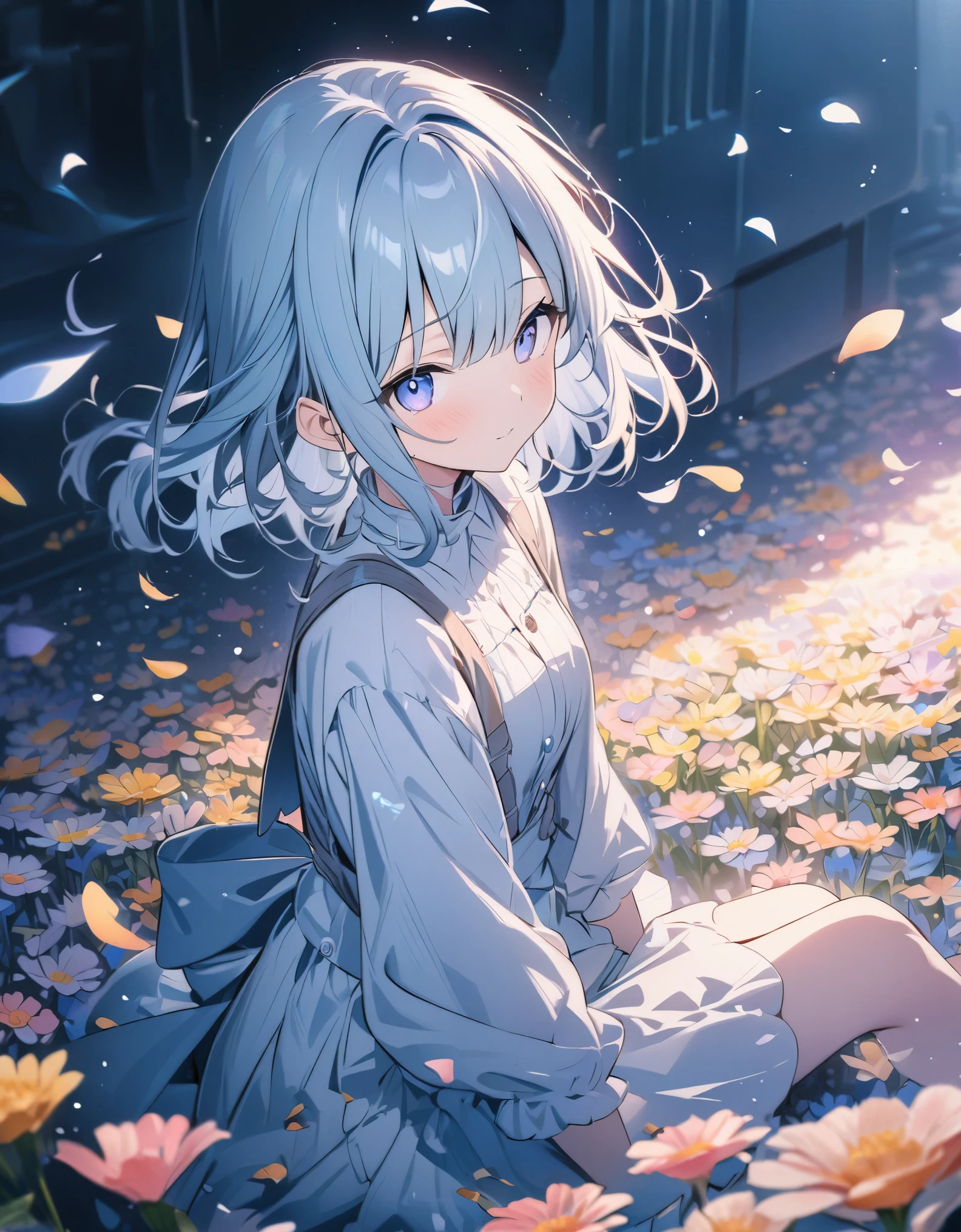 ((style:colored pencil,Pale colors)),(anime)、(masterpiece:1.2),Flower Field、Sitting girl、((Petals flutter))、cute、Light effects