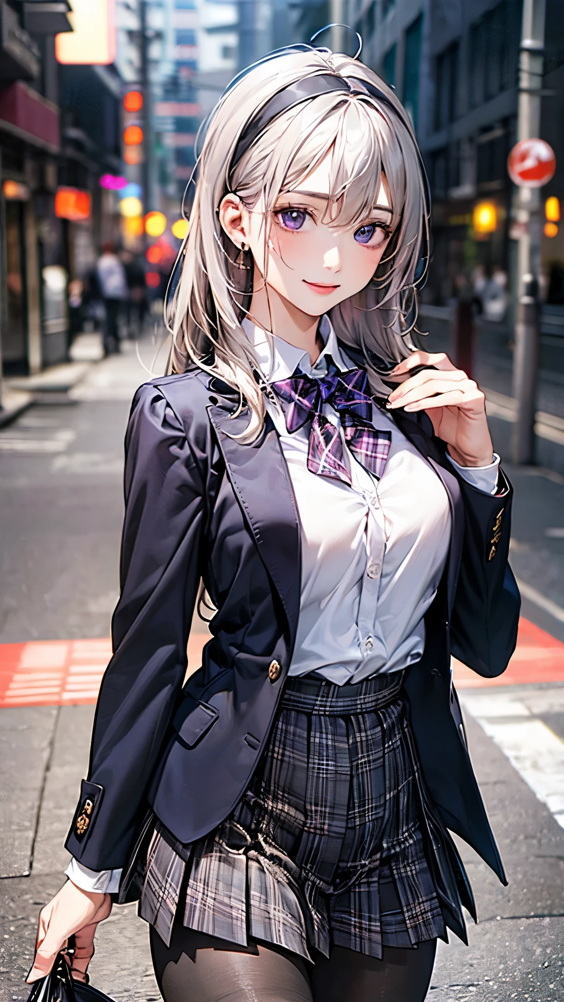 (masterpiece:1.2, top-quality), (realistic, photorealistic:1.4), beautiful illustration, (natural side lighting, movie lighting), 
looking at viewer, 1 girl, japanese, high school girl, perfect face, cute and symmetrical face, shiny skin, babyface, 
(middle hair, straight hair, dark pink head band, silver hair), hair between eyes, dark purple eyes, (middle , seductive thighs, big ), piercings, 
beautiful hair, beautiful face, beautiful detailed eyes, beautiful clavicle, beautiful body, beautiful , beautiful thigh, beautiful legs, beautiful fingers, 
(((dark purple blazer, close clothes), white collared shirt, black plaid pleated miniskirt, dark red flat bow tie), black pantyhose), 
(beautiful scenery), evening, (school gate), walking, (lovely smile, upper eyes), 