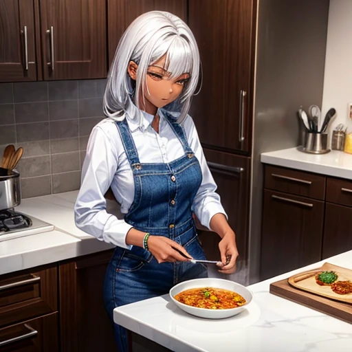 A woman with silver hair and dark skin, wearing a dress shirt and slim jeans, is making curry.