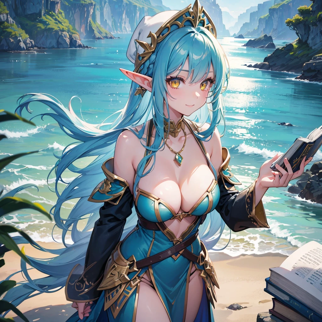 A sexy girl half elf wizard, Bikini suit, wizard hat, yellow eyes, bright blue hair colour, book in hand, sea and rainy background,8k, masterpiece, best quality, highly detailed, A sexy girl half elf wizard, wizard hat, yellow eyes, bright blue hair colour, book in hand, sea background,8k, masterpiece, best quality, highly detailed, one girl, half-elf, solo, yellow eyes, bright blue hair, long straight hair, wearing necklace, gorgeous, friendly, smile,sexy, close ups view, rings, looking at viewer, alone, girl, half-elf, solo, yellow eyes, bright blue hair, long straight hair, wearing necklace, gorgeous, friendly, smile,sexy, close ups view, rings, looking at viewer, alone,