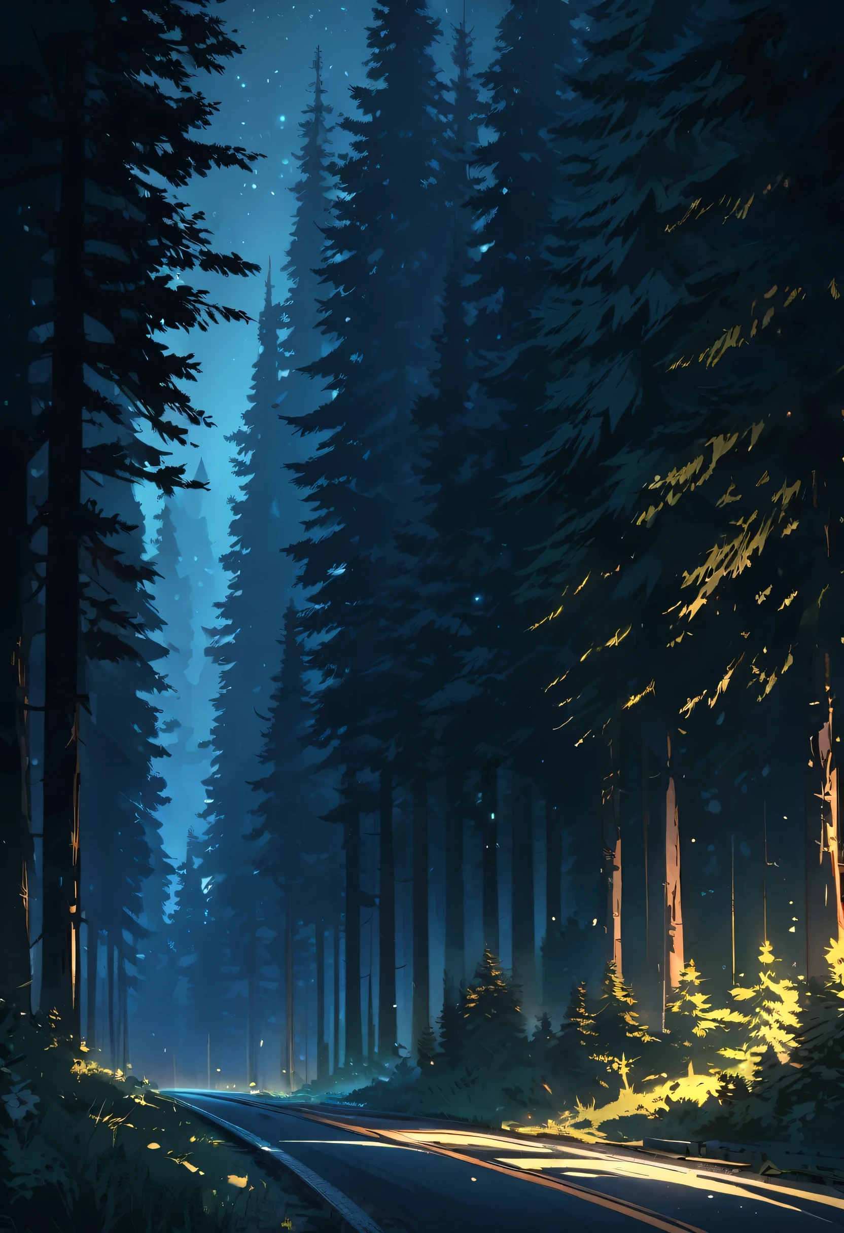 Countryside silence in a night time with towering pine trees standing along the road