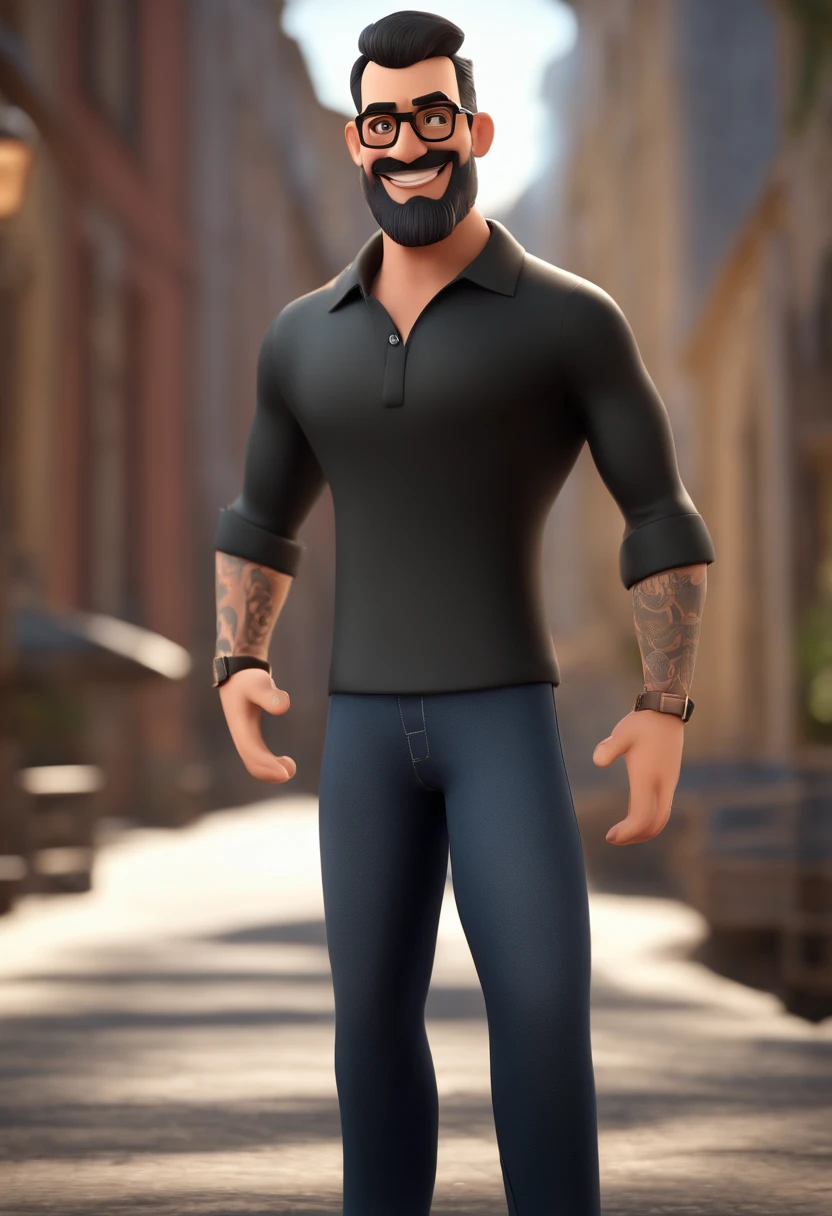 Cartoon character of a man with black glasses and a black polo shirt, straight hair, with a beard and an old school tattoo on his arm, smiling and handsome, animation character, Stylized character, animation style rendering, Stylized 3D, Arnold Maya rendering, Stylized 3D rendering, toon rendering screenshot, 3D character, 3D character, stylized 3D rendering, 3D character rendering, cartoon character, close up character, character pose, (Pixar style) (part master: 1. 2) (Bokeh) (best quality) (detailed skin) (detailed texture) (8K) (clay) (cinematic lighting) (sharp focus)