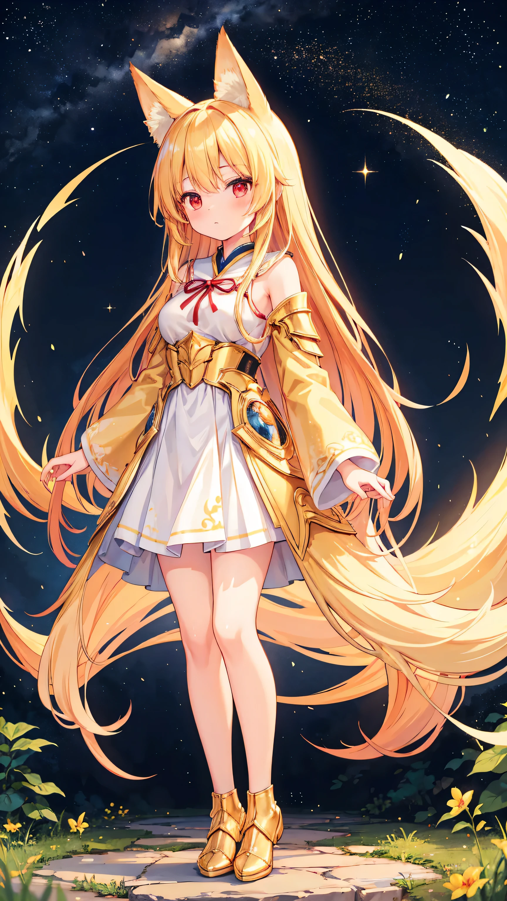 (masterpiece)、(highest quality)、((Very detailed))、(Very delicate)、cute、Blonde、Beautiful breasts、Nice、Fantastic forest and starry sky、Golden foxtail、Golden fox ears、Red eyes、one person、Long Hair、(Full body portrait),(Are standing:1.3)、Absolute area、cute armor suit、(Full body golden metal armor)、cute smile