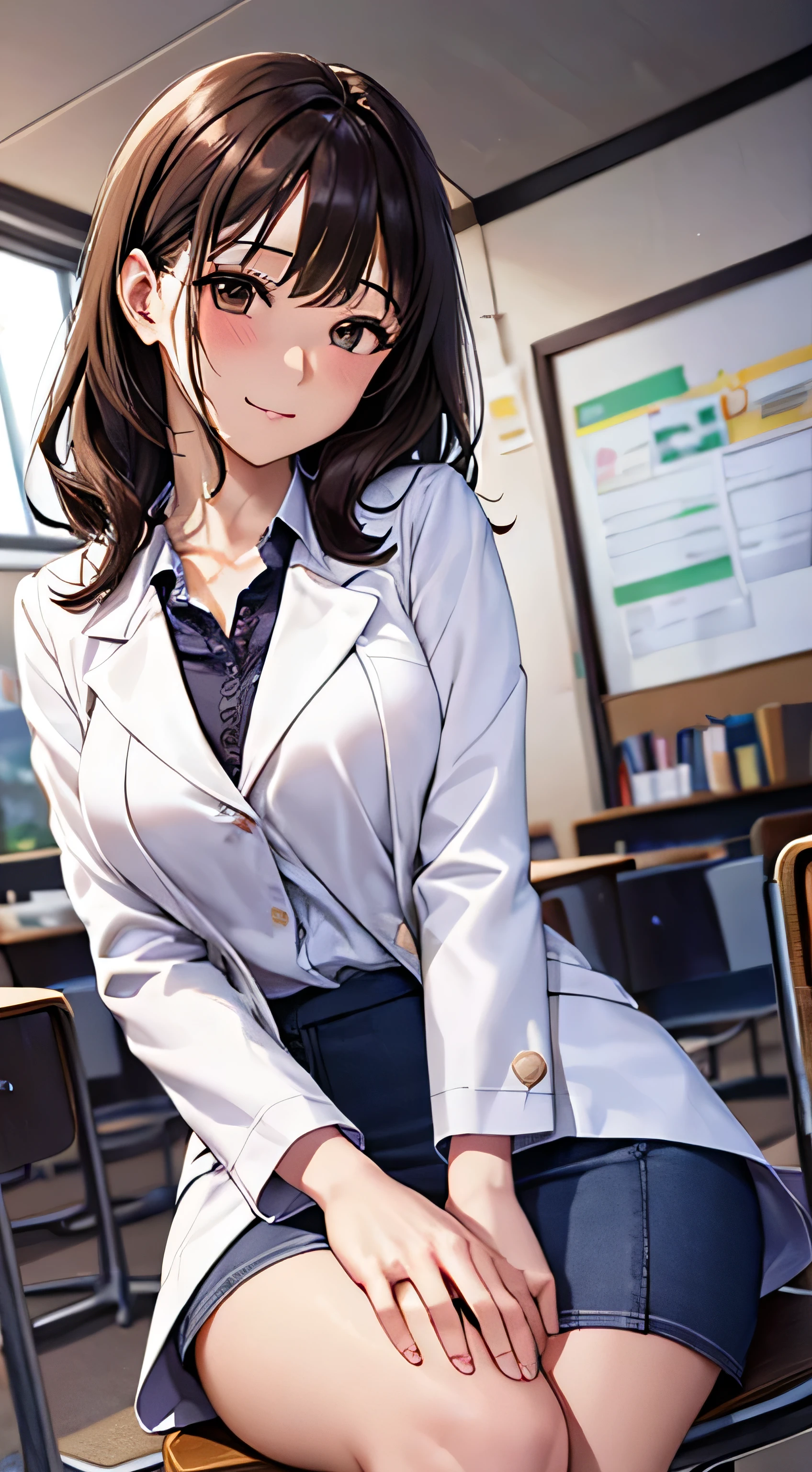 ((Tabletop, highest quality, High resolution, , Pixel Perfect, 4K,))), 1 female teacher, single, alone, beauty、The whole body is visible、 ((Mid-wave hair, bangs, Brown Hair)), ((Brown eyes, Beautiful eyelashes, Realistic eyes)), ((Detailed face, Blushing:1.2)), ((Smooth texture:0.75, Realistic texture:0.65, Realistic:1.1, Anime CG Style)), Center of chest, Dynamic Angle, Perfect body, (( , , Braless female doctor in a white coat、、, 、))、White ruffled skirt、Very embarrassing panic smile, 、、classroom、Sit on a chair、、、(pink floral lace panties)、Angle from below)、