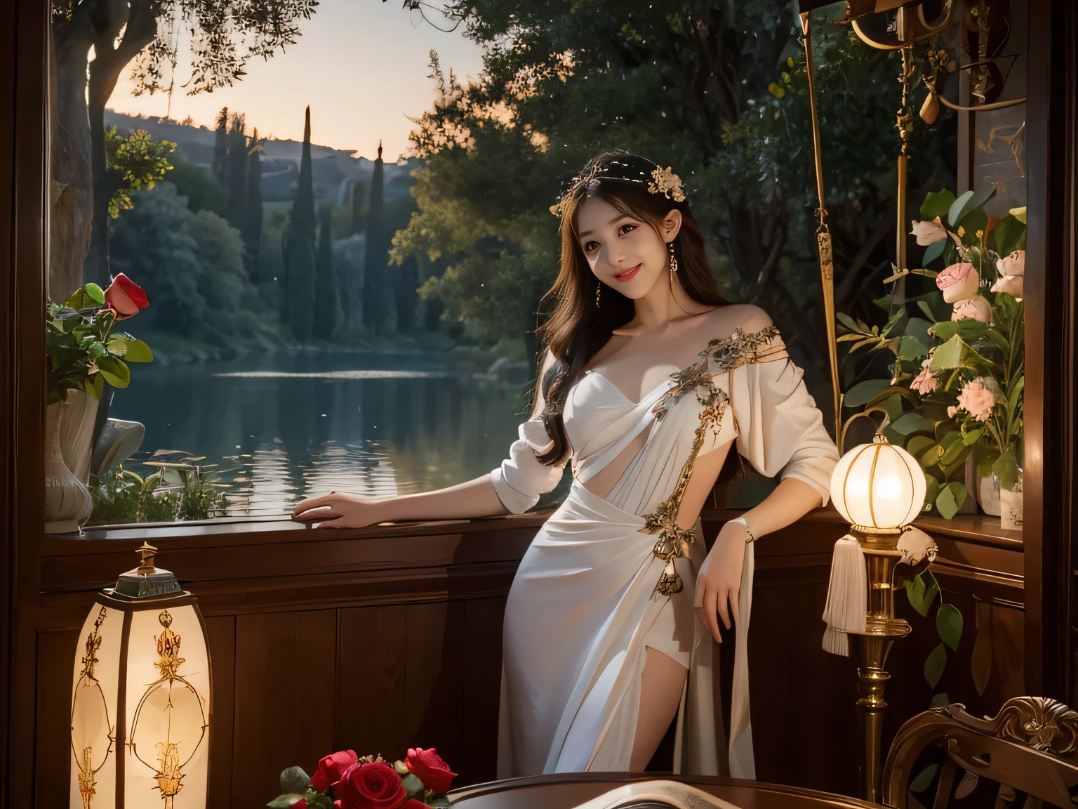 Giorgione painting style,Arguments of two female Philosophe,math、astronomical machine、astronaut、roses in vase、fruits、Cute trinkets、smile、ancient greek costume、Background is a forest lake at night 、Clothes that stretch your shoulders、A big smile、beautiful bare skin、A detailed representation of the seducing woman throughout her body.