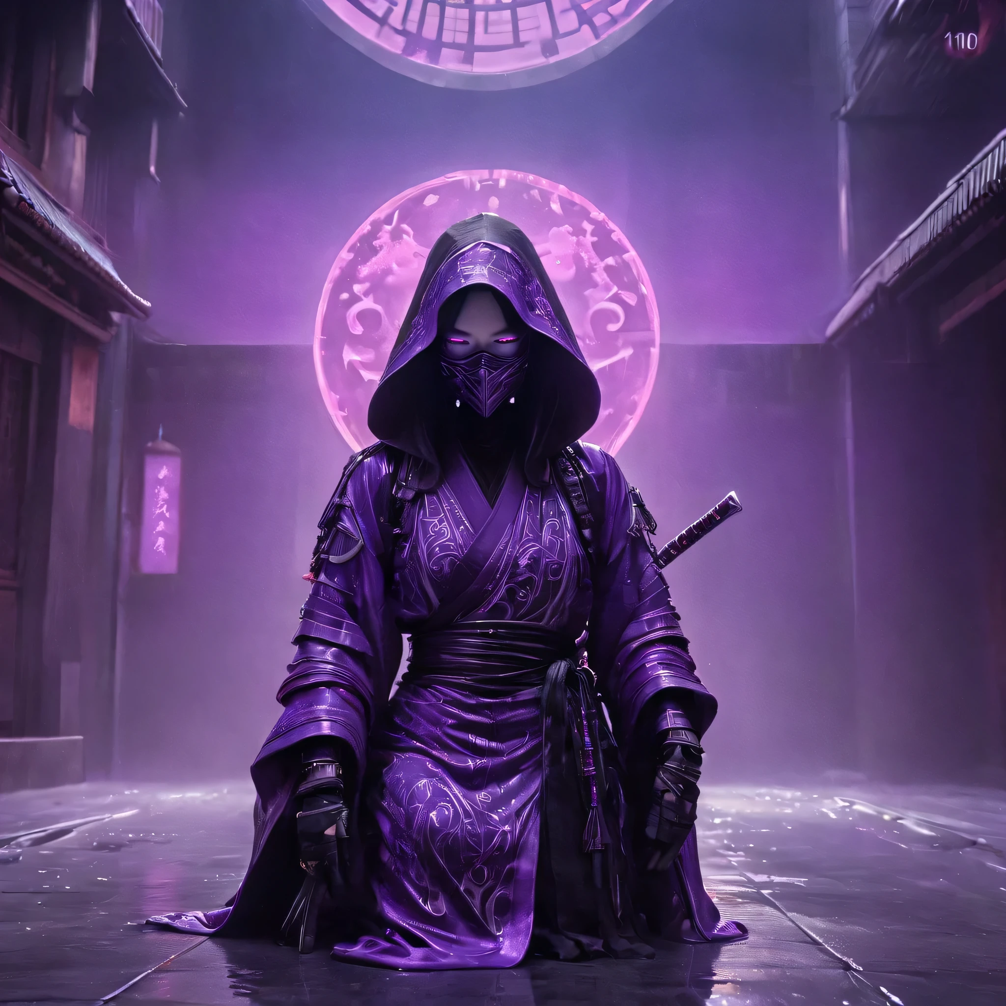 Arafed image of a person wearing fluorescent purple clothing and a mask, Very beautiful cyberpunk samurai, gothic - cyberpunk, Orthodox cyberpunk, Rococo Cyberpunk, ornamental gothic - cyberpunk, Gorgeous cosplay, occult cyberpunk, Mysterious Post-Apocalyptic Cyborg, Steampunk Angel, Ultra-detailed fantasy characters, Steampunk aesthetics, Steampunk fantasy style, japanese gothic, Hypergoth, Beautiful female Grim Reaper、The ancient capital is the setting