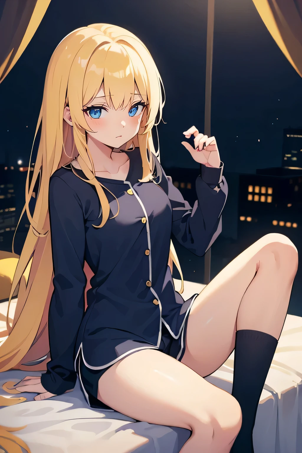 Safe for work, masterpiece, best quality, solo, 1 girl, looking at camera, (young female body:1.4), ( medium small breasts), golden yellow hair, extra long hair, blunt bangs, crystal blue eyes, very detailed eyes, bedroom, night, night time, sitting on bed, night time, knee high socks, dark blue pyjamas, button up pyjama, long sleeves, short pyjama shorts, dark blue shorts, shy girl, one knee up, sitting with knees bending