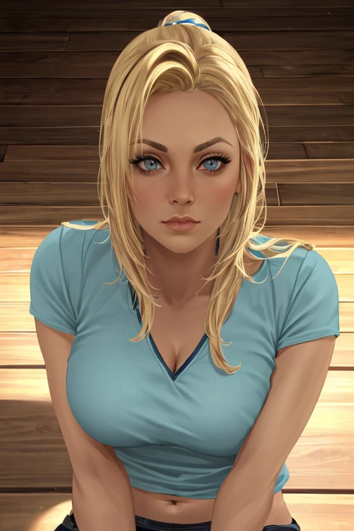 She looks a bit like Kaley Cuoco, Beautiful Italian girl, blonde hair in a ponytail, 30 years old, beautiful thin figure symmetrical blue eyes, (beautifully detailed face, beautiful detailed eyes), dramatic lighting, (photo realism:1. 4), realistic, sharp focus, HD, highly complex, intricate, photography, hyperrealism, hyperrealistic, raytracing, physics-based rendering, ((8k, RAW photo, masterpiece), High detail RAW color photo, (highest quality), (best shadow), (best illustration), ultra high resolution, highly detailed CG unified 8K wallpapers), rim lighting, vivid color, post-processing, vibrant, color grading, full body, sexy pose, all body nude big 