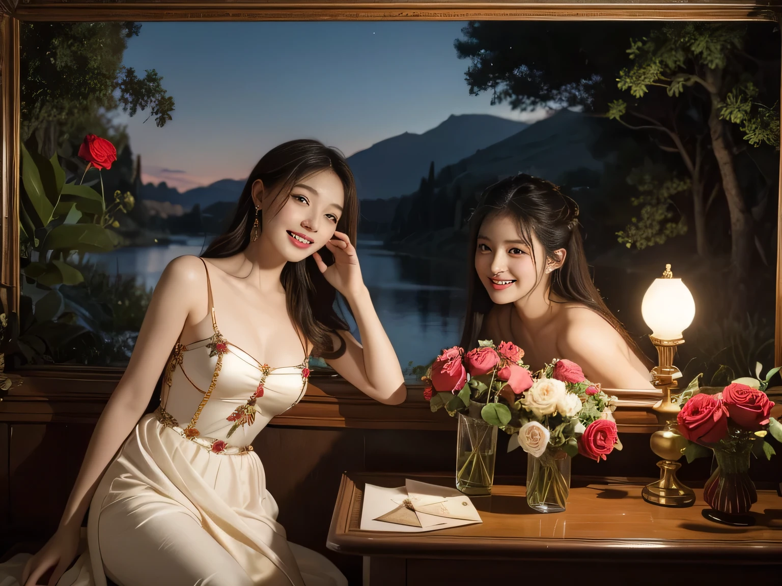 Giorgione painting style,Arguments of two female Philosophe,math、astronomical machine、astronaut、roses in vase、fruits、Cute trinkets、smile、ancient greek costume、Background is a forest lake at night 、Clothes that stretch your shoulders、A big smile、beautiful bare skin、A detailed representation of the seducing woman throughout her body.