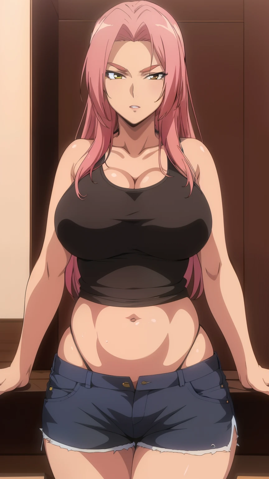 (Highest quality, masterpiece, 8k:1.2), Anime coloring pages, ultra-high resolution, hyper detail, Ingrid, one girl, 20 years, adult woman, Large medium breasts, dynamic angle, staring at the viewer, (Tank top, shorts,Belly button, city, daytime)