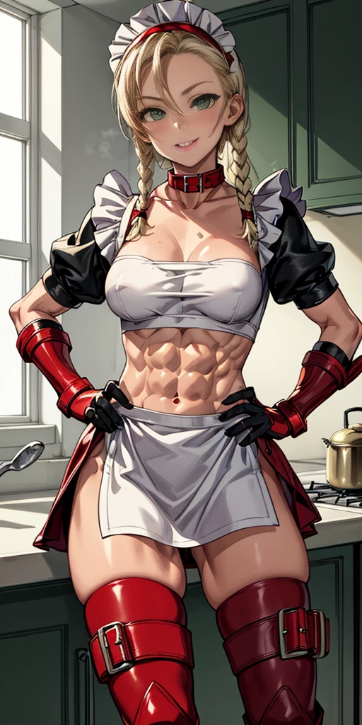 masterpiece, best quality, Cammy White blonde messy hair, green eyes, headband, maid, kitchen, upper body, strong abs, hands on hips, leather collar choker, red cheeks smile closed, red military boots, red bootstraps, red gloves gauntlets
