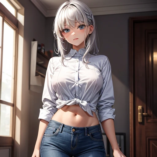 A woman with silver hair and dark skin, wearing a dress shirt and slim jeans, is making curry.　Belly on