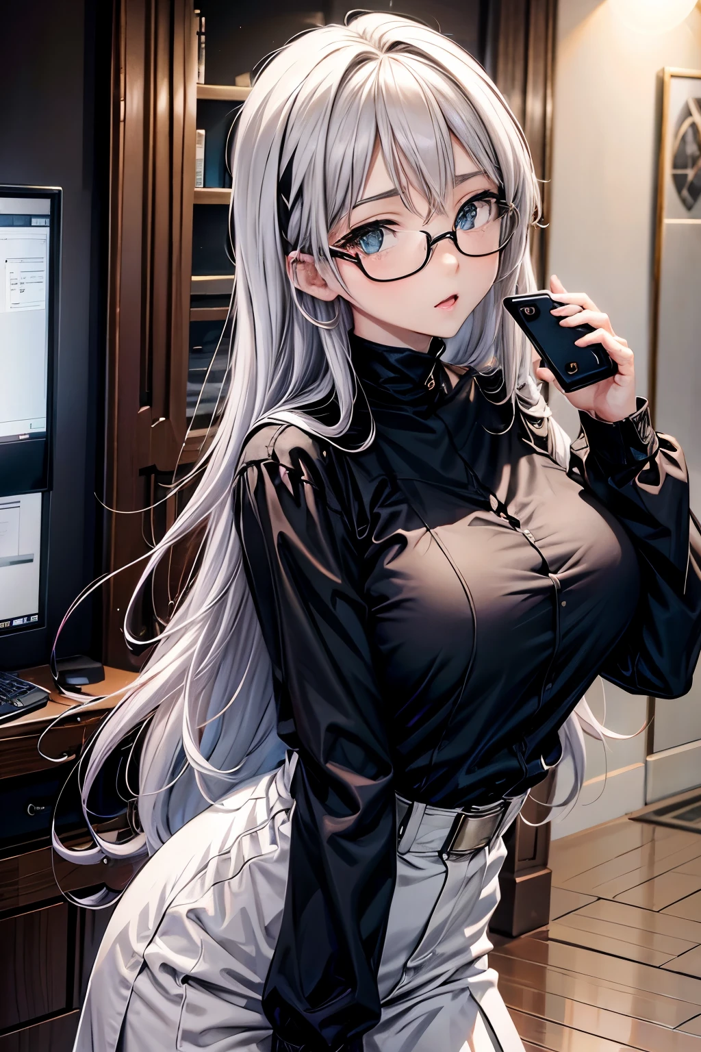 female anime character standing still with head tilted back while holding a smartphone, 1girl, solo, long hair, glasses, looking at viewer, black-framed eyewear, long sleeves, white hair