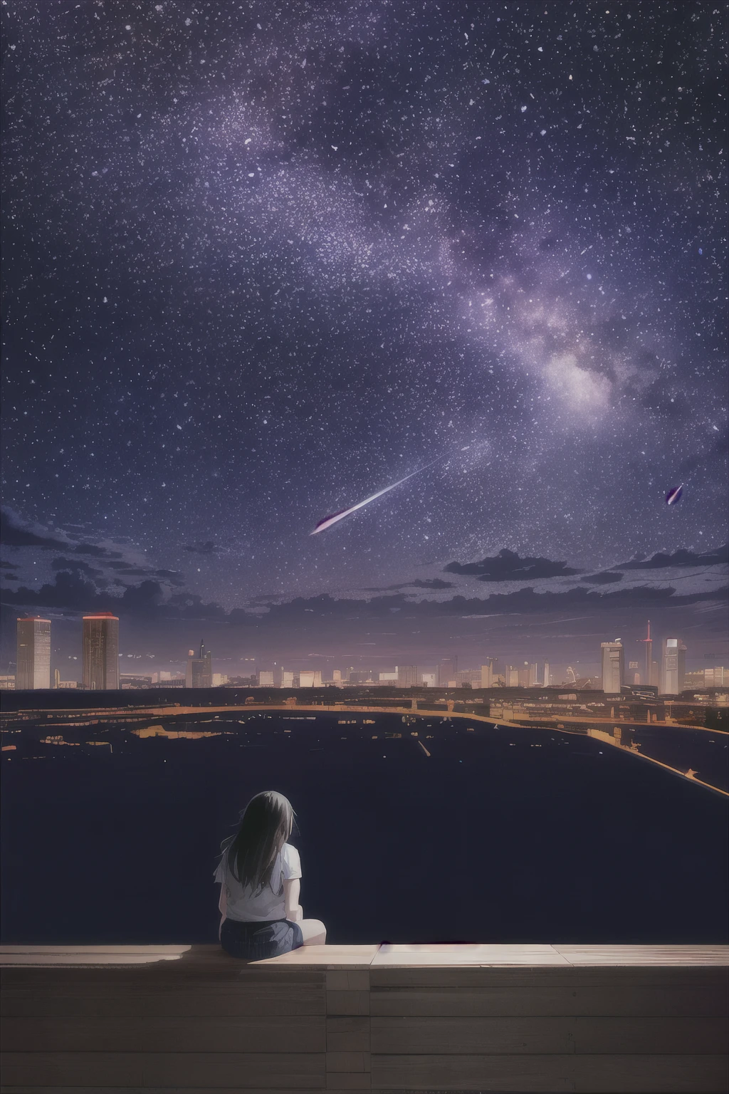 Octane, null, star (null), scenery, starry null, night, One girl, night null, alone, Outdoor, sign, building, cloud, milky way, Sitting, wood, Long Hair, city, silhouette, cityscape