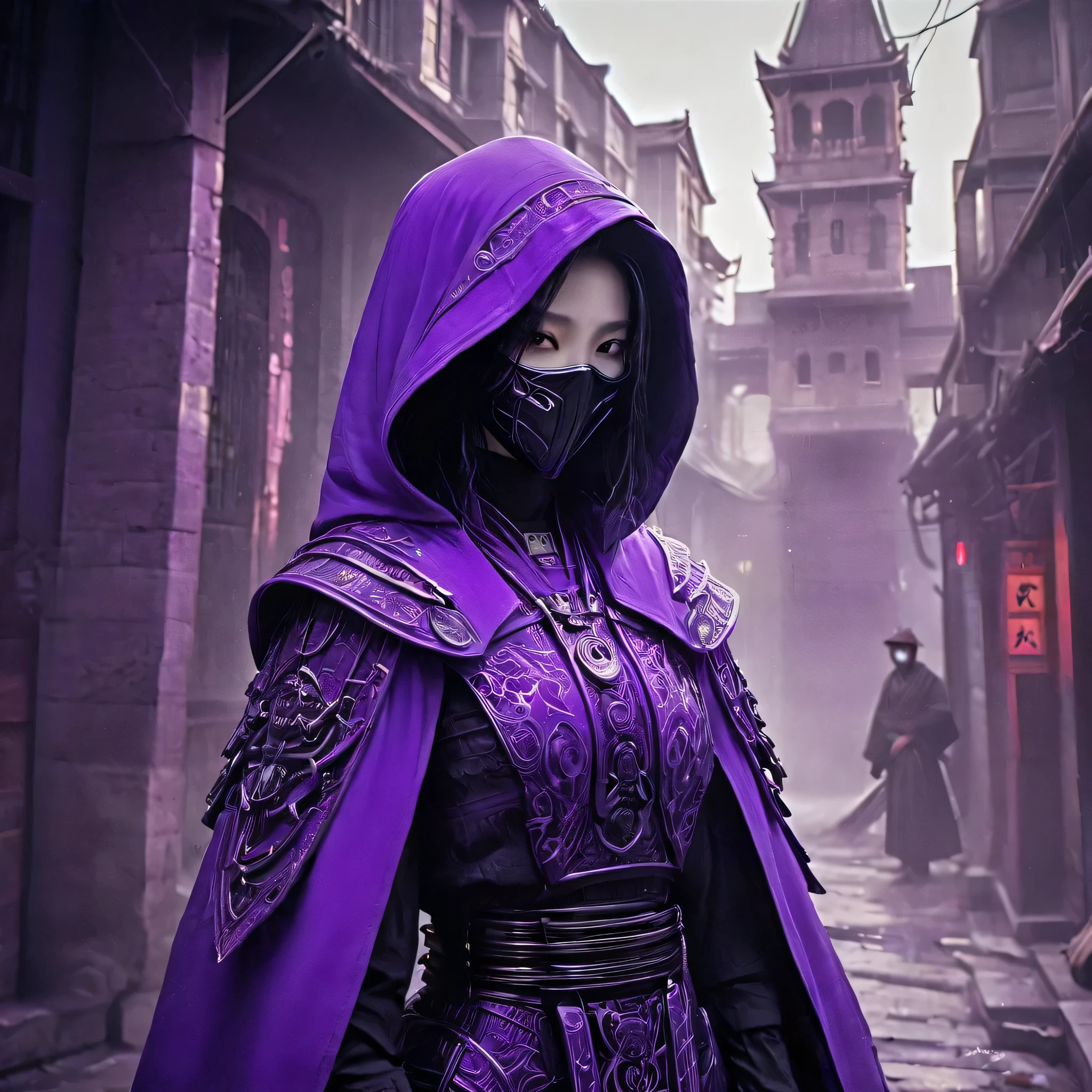 Arafed image of a person wearing fluorescent purple clothing and a mask, Very beautiful cyberpunk samurai, gothic - cyberpunk, Orthodox cyberpunk, Rococo Cyberpunk, ornamental gothic - cyberpunk, Gorgeous cosplay, occult cyberpunk, Mysterious Post-Apocalyptic Cyborg, Steampunk Angel, Ultra-detailed fantasy characters, Steampunk aesthetics, Steampunk fantasy style, japanese gothic, Hypergoth, Beautiful female Grim Reaper、The ancient capital is the setting