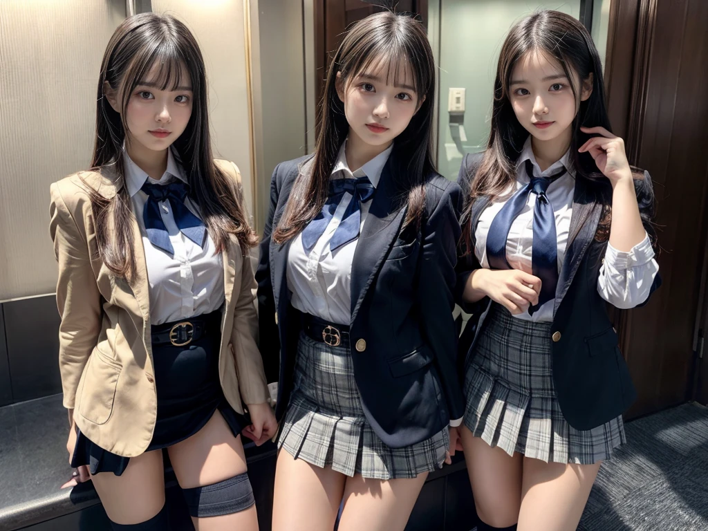 (8K, Raw photography, top-quality, masterpiece:1.2), master piece, best quality, illustration, Super detailed, fine details, High resolution, 8K,wall paper, perfect dynamic composition,(Details High quality, realistic depiction of eyes:1.3), ((2 girls, 2 schoolgirls)), The background is a luxury hotel room、High school girl uniform、blazer 、Super Short Check Uniform Skirt、Navy blue high socks、garterbelts、Colossal tits、Disturbed uniform, Play with each other,Touching each other's bodies,Touching the body of the girl next door, short bob hair, black hair color, huge breasts, Big Natural Color Lip, bold sexy pose, (perfect body shape), crying a little、cold gaze, Beautiful makeup,glitter makeup,Cutest 18 years old, beautiful legs, hposing Gravure Idol, Voluptuous thighs
