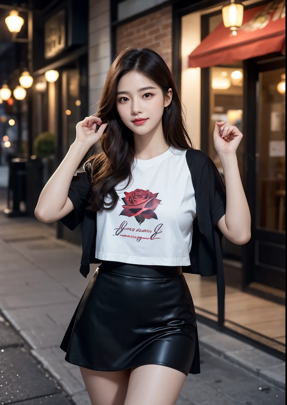 a beautiful korean girl wearing a "love symbol" on black t-shirt, standing in front of a restaurant, detailed beautiful face with striking eyes and lips, long silky hair, elegant pose, vivid colors, dramatic lighting, intricate details, photorealistic, cinematic composition, masterpiece, tight skirt, above knee length skirt, full body shot, beautiful restaurant, beautiful street , stylish poses, stylish look, smile, (rose on hand), (standing), bright skin, Autumn, clear face, realistic skin, realistic face, Realistic smile, tempting eyes, Cute 