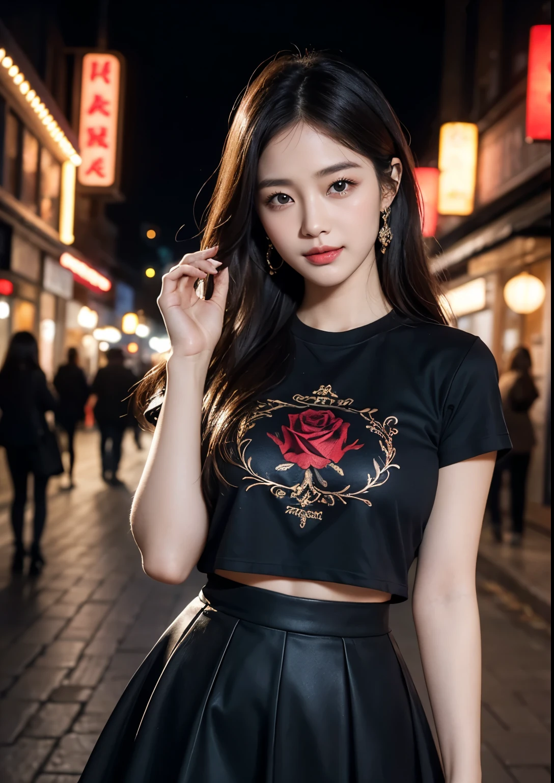 a beautiful korean girl wearing a "love symbol" on black t-shirt, standing in front of a restaurant, detailed beautiful face with striking eyes and lips, long silky hair, elegant pose, vivid colors, dramatic lighting, intricate details, photorealistic, cinematic composition, masterpiece, tight skirt, above knee length skirt, full body shot, beautiful restaurant, beautiful street , stylish poses, stylish look, smile, (rose on hand), (standing), bright skin, Autumn, clear face, realistic skin, realistic face, Realistic smile, tempting eyes, Cute