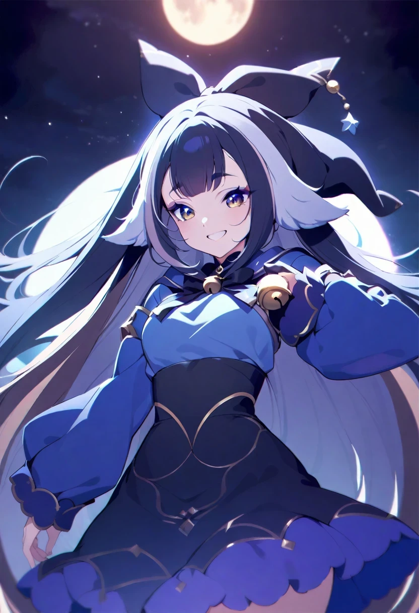 (shylily/(Twich/):1.5),(masterpiece:1.2),(best quality:1.2),Young Girls、Humanity、The magician who always smiles、Big witch hat 、Lovely、dull eyes、Bangs are very heavy、Thin eyebrows、fantasy、Admission、Double teeth、star pattern、Constellation pattern monochrome clothing exterior decoration、cape、A bit dark atmosphere、a little crazy smile、Night outside,when the big moon shines、Backflow of blood、black star hair accessories、short tie、no nails、High waist skirt、Bell sleeves、Long-sleeved shirt、Black Tie、