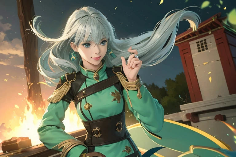 4K、highest quality、funテーマパークで遊ぶ、Female Adventurer、Collaboration with Fall Guys、Surrounded by lots of FALLGUYS、Smile、Slim figure、Jade green eyes、Grey long hair、fun、Happy、