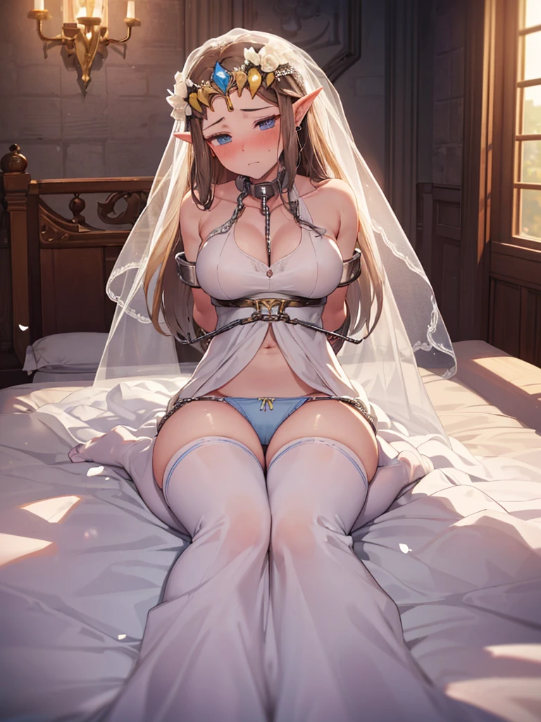 Big Breasts,((Wedding dress)),(((restrained, shackles))),((Underwear is visible))Half naked,((Embarrassed expression)),Crying face,Blushing,Princess Zelda, ((highest quality)), (Very detailed), ,(((Constraints))),beauty,Beautiful,princess zelda, twpr,in bed,((Looking up)),
nintendo, the legend of zelda