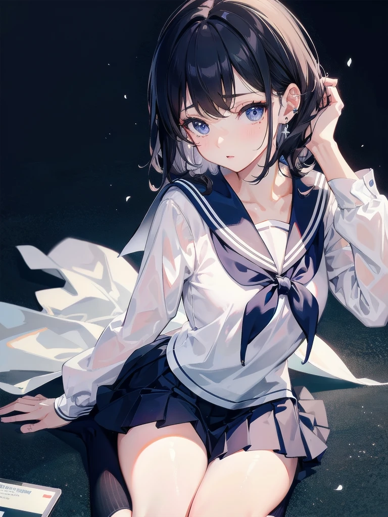 sailor uniform, school_uniform, absurdres, RAW photo, extremely delicate and beautiful, masterpiece, Best Quality, ultra high resolution, 32k, hyperrealistic, ultra-detailed, perfect figure, tearful mole, earring, whole body shot, short medium hair, wavy hair,