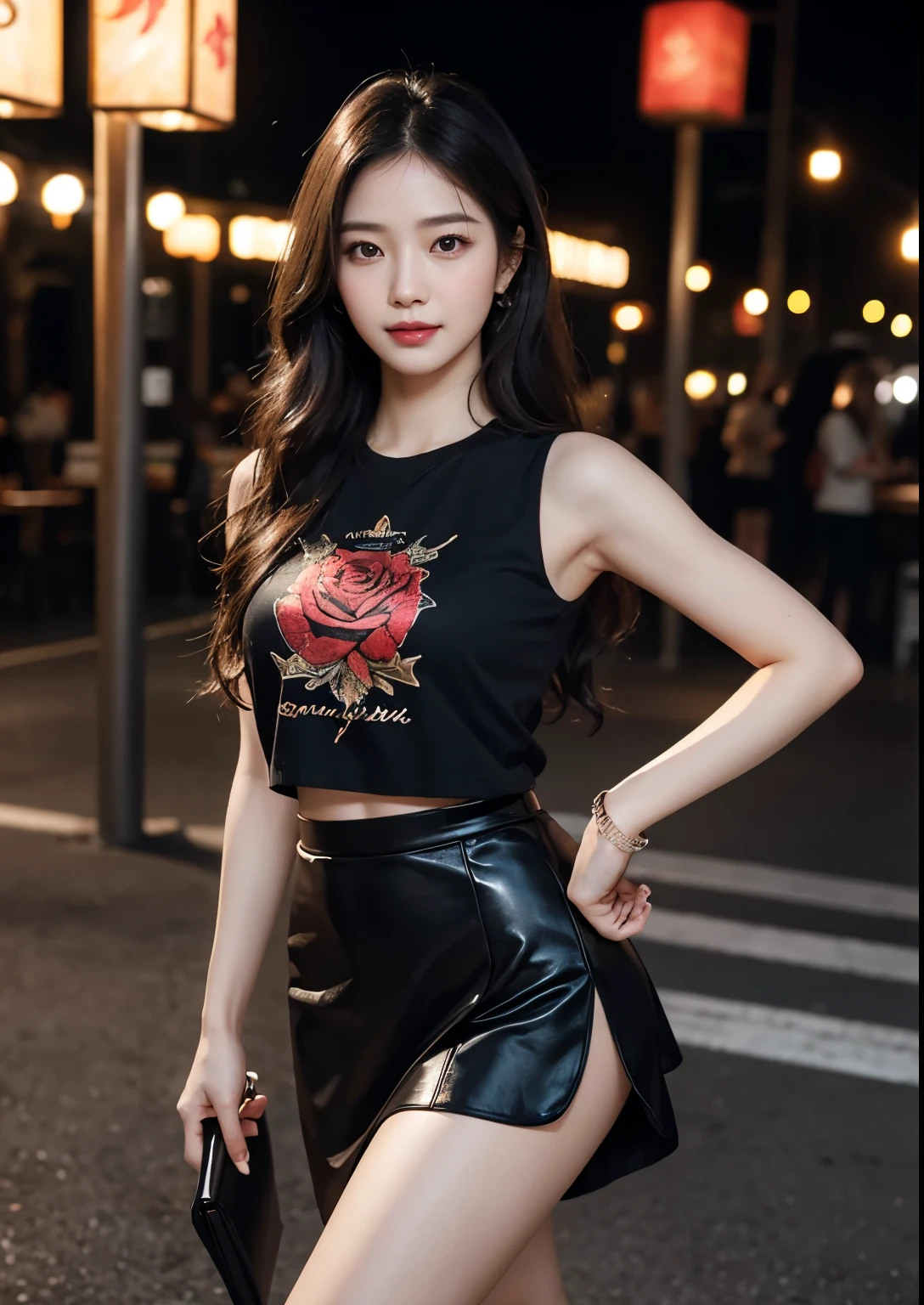 a beautiful korean girl wearing a "love symbol" on black t-shirt, standing in front of a restaurant, detailed beautiful face with striking eyes and lips, long silky hair, elegant pose, vivid colors, dramatic lighting, intricate details, photorealistic, cinematic composition, masterpiece, tight skirt, above knee length skirt, full body shot, beautiful restaurant, beautiful street , stylish poses, stylish look, smile, (rose on hand), (standing), bright skin, Autumn, clear face, realistic skin, realistic face, Realistic smile, tempting eyes, Cute 