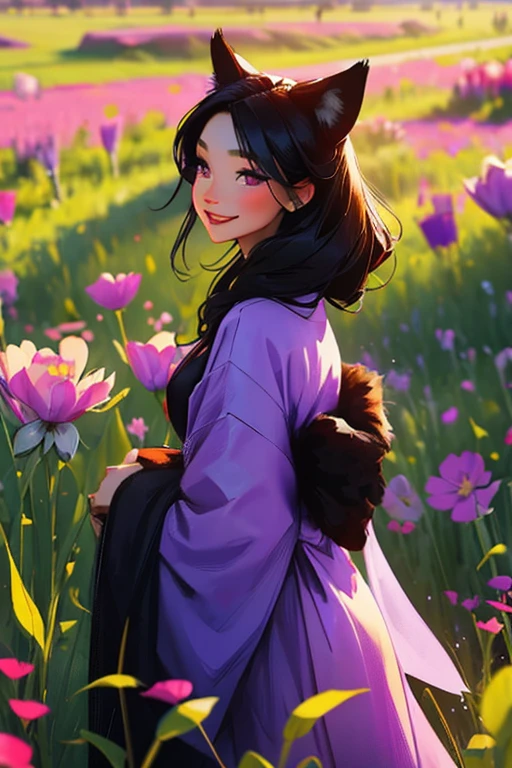 A black haired woman with violet eyes with an hourglass figure and black fox ears and a fox tail in a kimono is smiling in a field of flowers