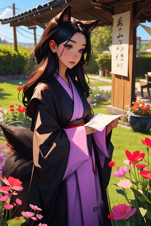 A black haired woman with violet eyes with an hourglass figure and black fox ears and a fox tail in a kimono is picking flowers in the garend