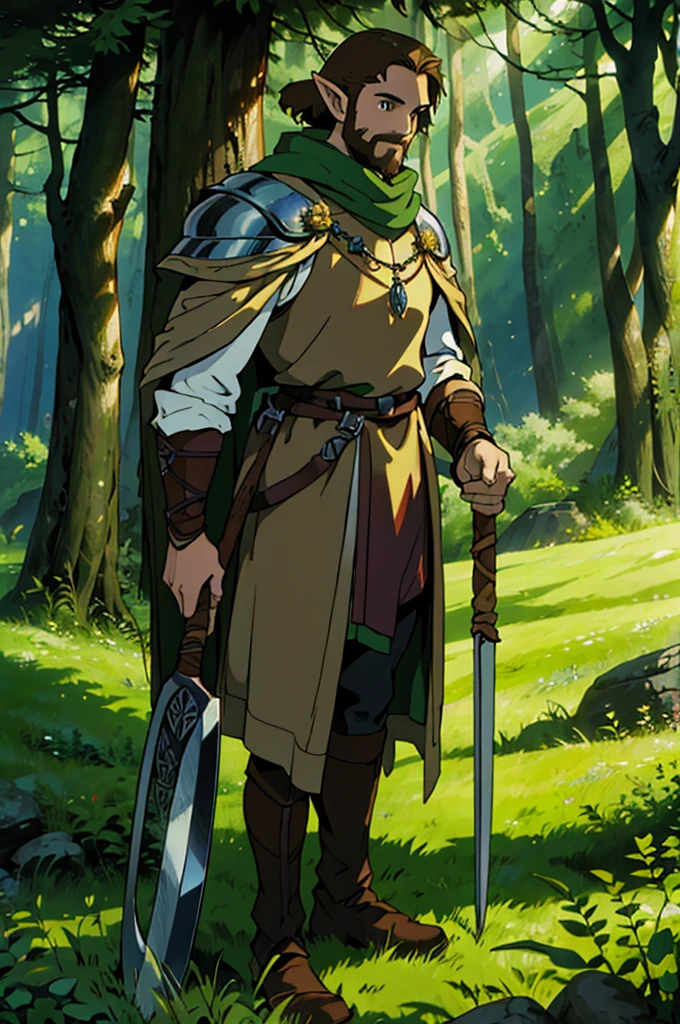 Celtic Knight, brown hair, brown beard, brown eyes, holding axe, trees background, elf, half elf, alone, holding dark stone, dark crystal in hand