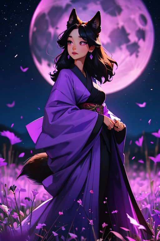 A black haired woman with violet eyes with an hourglass figure and black fox ears and a fox tail in a kimono is standing in front of a violet moon