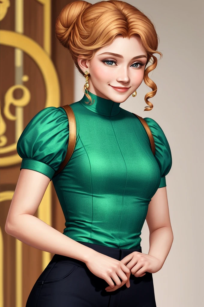 AnastasiaCebulska upper body photos, focus on smiley faces, wearing trousers , Her hairstyle is a low bun and curls,