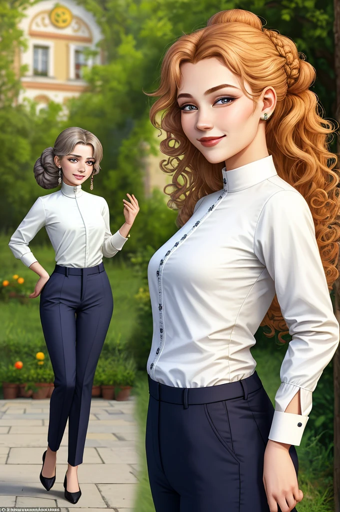 AnastasiaCebulska upper body photos, focus on smiley faces, wearing trousers , Her hairstyle is a low bun and curls,