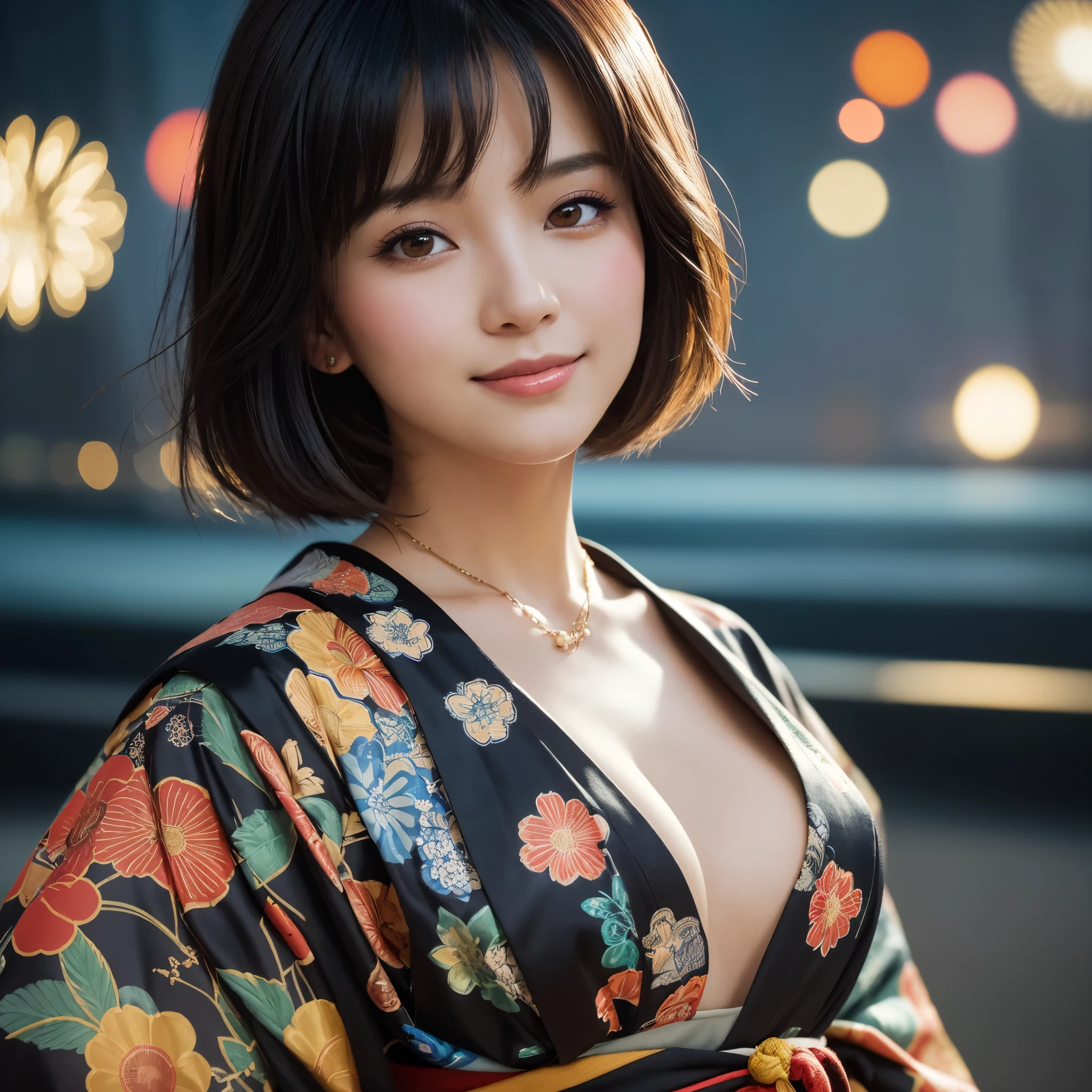 (1 Sexy Woman, Solo, Black Hair, Short Hair, Bub cut, Bungs, Japanese Idol, Yukata:1.4), Beautiful Legs, Spot light, (Detailed Eyes, Beautiful Eyes, glossy lip, large breasts, Smile:1.3), (Cowboy Shot:1.2), (Japanese Fastival, fireworks in night sky, night sky, big fireworks, blurred background:1.3), ((anatomically correct)), (Futuristic Portrait), (Close-Up:1.4), The beginning of a romantic love, (Most emphasize the body line:1.1), Night, Shining ultra high resolution beautiful skin、ultra high resolution glossy lips, Rim Lighting, Cinematic Light, necklace, Look at viewer, no futuro telhado de luz neon, SSCI - FI e Fantasia, intrincado e muito bonito e elegante, altamente detalhado, pintura digital, art-station, arte conceitual, smooth and sharp focus, illustration, Arte de Tan Zi e Ayanamikodon e Alphonse Mucha e Wlop