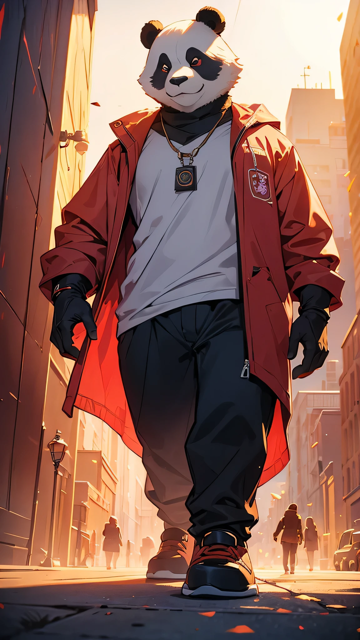 Night time . a Panda in a cyberpunk red jacket, skinny pants, sunglasses, walking on a beach sidewalk, {extremely detailed 8k CG unit wallpaper}, expansive landscape photography, (a view from below focusing on the character and setting ), (wide open field view), (low angle shot), (high light: 1.5), (low light: 1.0), (warm light source: 2.0), complex details, (iridescent colors: 1.0), (bright lighting), (atmospheric lighting), dreamy, magical