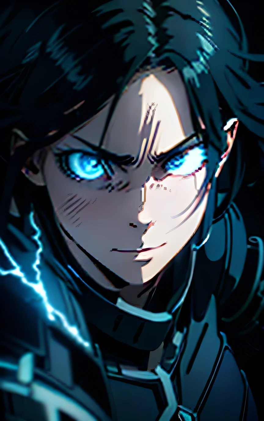 A girl in a black heroic outfit with blue lightning and thunder details, blue hair with black, blue and black lightning, messy and spiky hair, 2D anime art style, (best quality,4k,8k,highres,masterpiece:1.2),ultra-detailed,(realistic,photorealistic,photo-realistic:1.37),1girl,beautiful detailed eyes,beautiful detailed lips,extremely detailed eyes and face,longeyelashes,dynamic pose,action scene,cinematic lighting,dramatic shadows,vivid colors,dark moody atmosphere