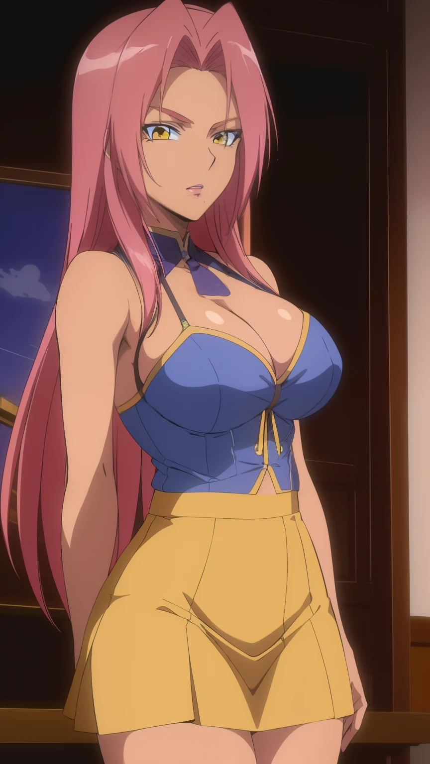 (Highest quality, masterpiece, 8k:1.2), Anime coloring pages, ultra-high resolution, hyper detail, Ingrid, one girl, 20 years, adult woman, Large medium breasts, dynamic angle, staring at the viewer, (Blue underwear, yellow mini skirt)