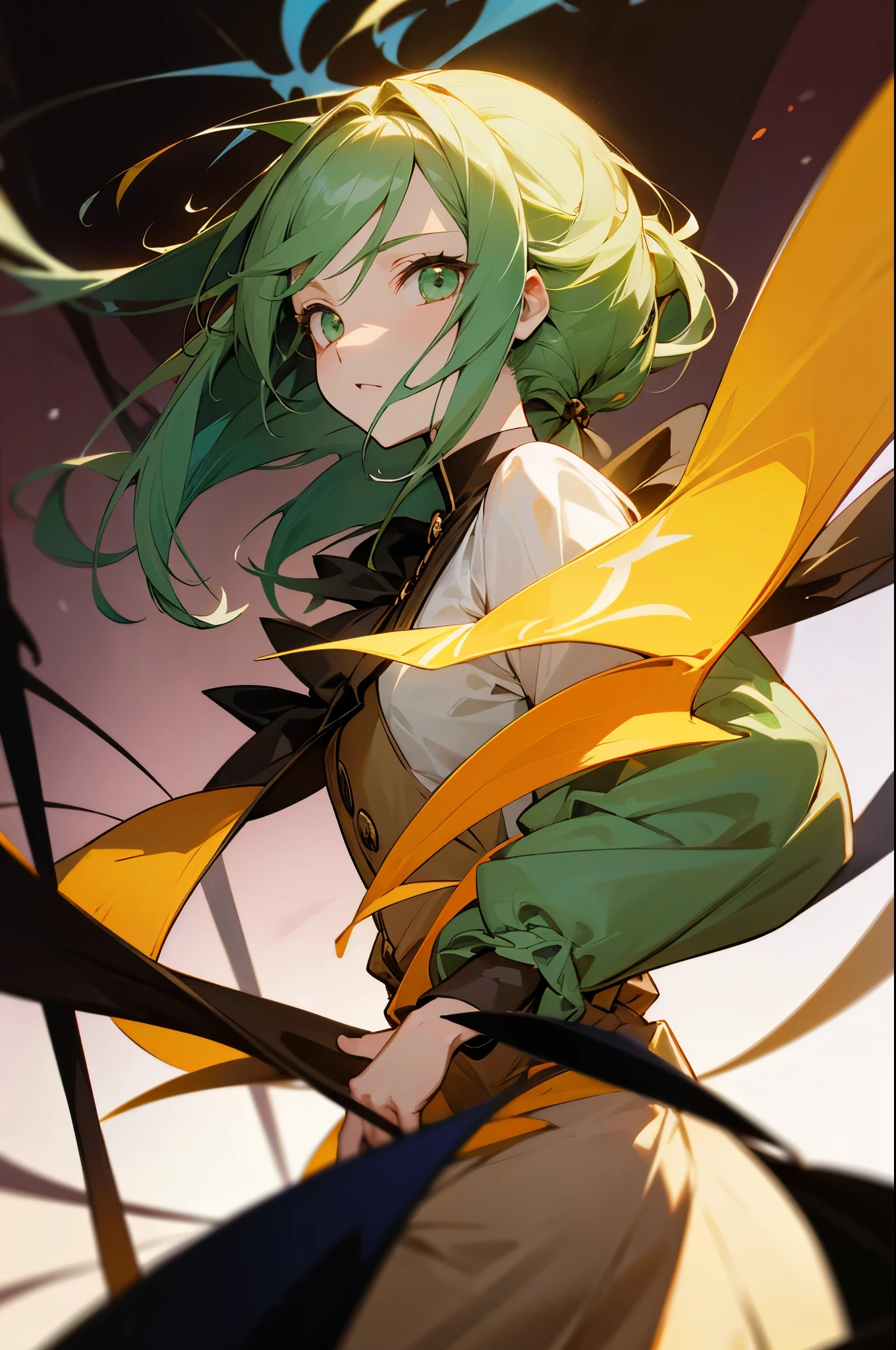 Arte em estilo do anime Bungou stray dogs. Garota, seios pequenos. Cabelo crespo, castanho claro. Olhos castanhos. Pele branca. Linda. Alta qualidade. Olhando para frente.