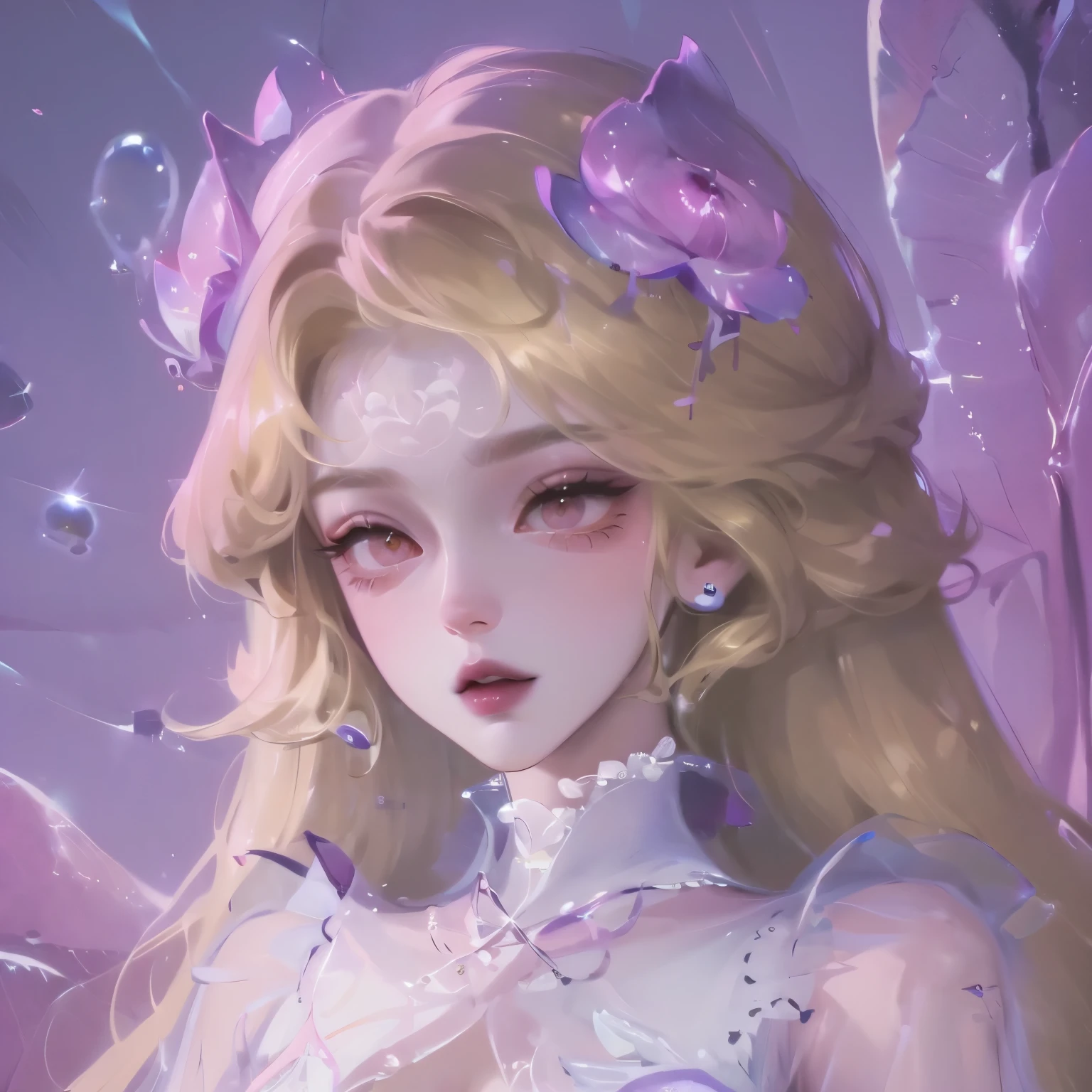 ((masterpiece)),high quality,Extremely detailed,blonde+White clothing:1.2,Sweet and delicate girl,Bijay,Lolita prostitute，Exquisite facial features,Perfect body，face adorned with pearls，There are bubbles around,Colorful and bright,Romantic long hair,Natural light,Warm and sweet,Brown eyes,Gorgeous hair decoration，Pink clothing