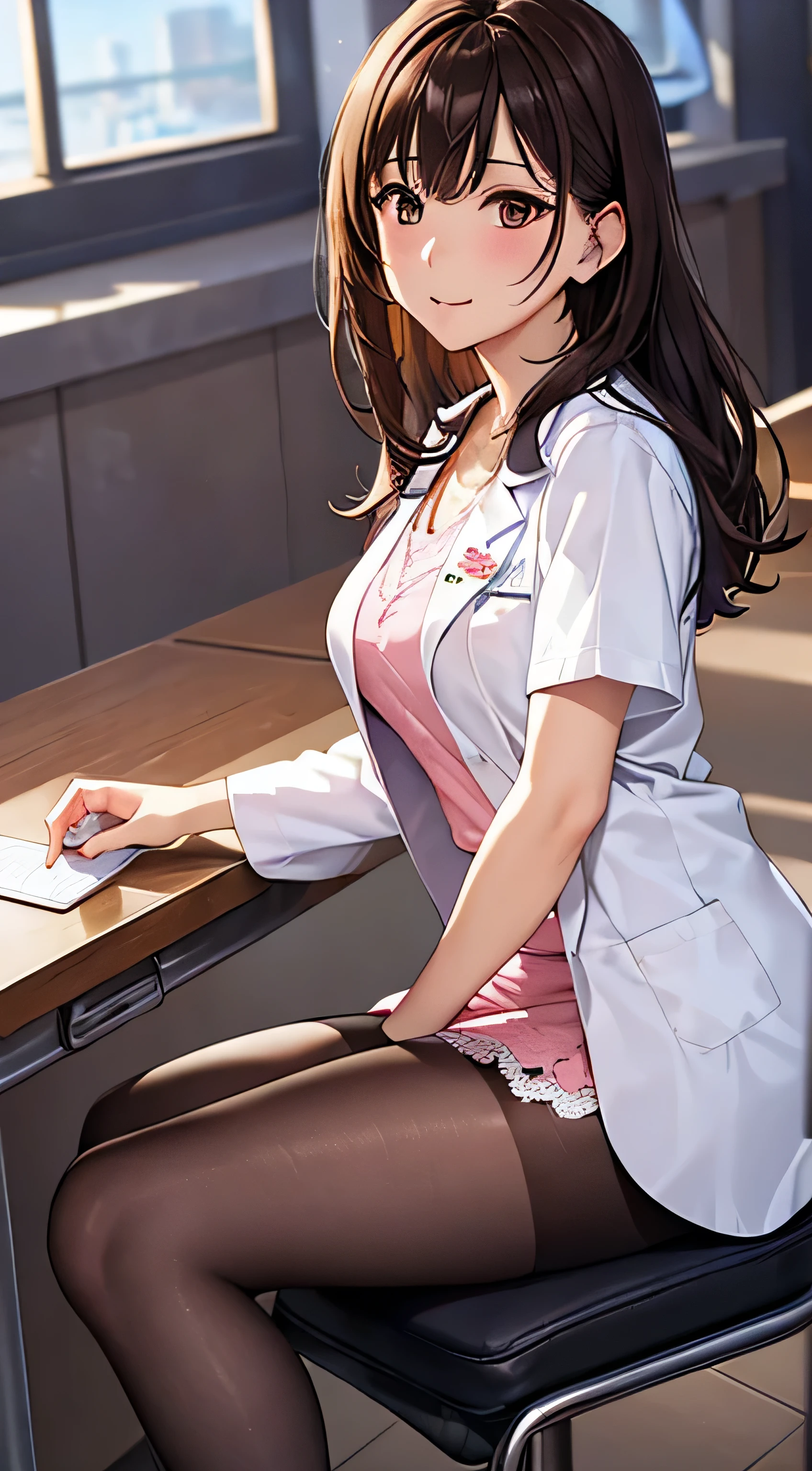 ((Tabletop, highest quality, High resolution, , Pixel Perfect, 4K,))), 1 female teacher, single, alone, beauty、The whole body is visible、 ((Mid-wave hair, bangs, Brown Hair)), ((Brown eyes, Beautiful eyelashes, Realistic eyes)), ((Detailed face, Blushing:1.2)), ((Smooth texture:0.75, Realistic texture:0.65, Realistic:1.1, Anime CG Style)), Center of chest, Dynamic Angle, Perfect body, (( , , Braless female doctor in a white coat、、, 、))、White ruffled skirt、Very embarrassing panic smile, 、、classroom、Sit on a chair、、、(pink floral lace panties)、Angle from below)、