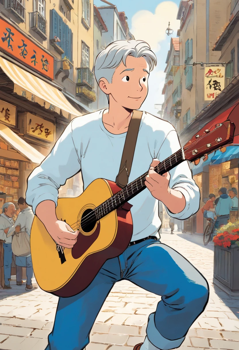 Tintin, 50 years old male wearing white long Sleeves t-shirt and blue denim pants, slick and neat short grey hair, playing acoustic guitar at a plaza, european comics